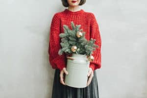 Woman holding small Christmas tree