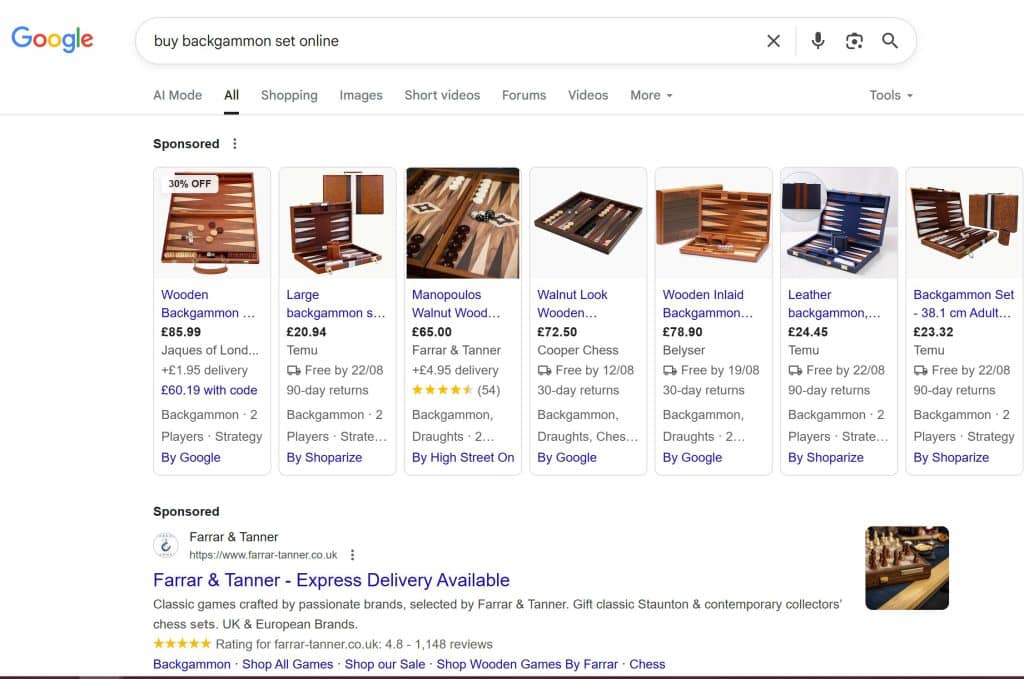 Google search result for 'buy Backgammon set online' with no AI Overview