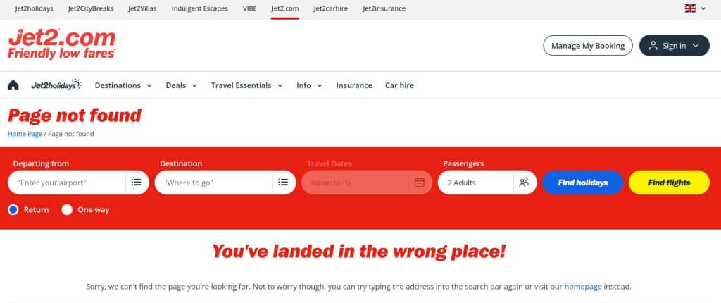 Jet2.com 404 page