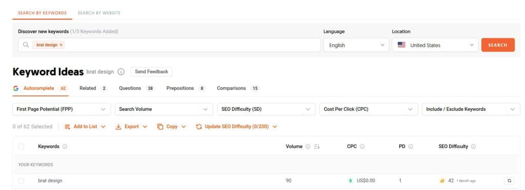 Keyword research in Ubersuggest